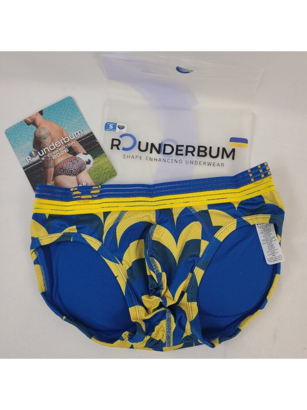 NEW Rounderbum Soccer Edition 2026 Underwear Sz S Blue/Yellow Shape Enhancing